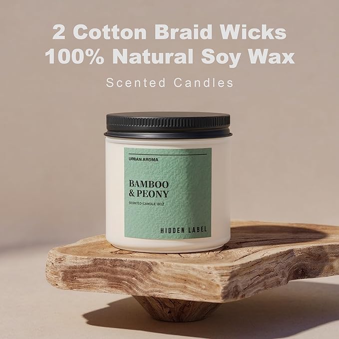 Hidden Label Bamboo Peony Scented Candle, 12oz 2 Wick Natural Soy Non Toxic Candles, Clean Burning Long Lasting Aromatherapy for Home | Gifts | Décor,Premium Scents for Relaxation & Stress Relief