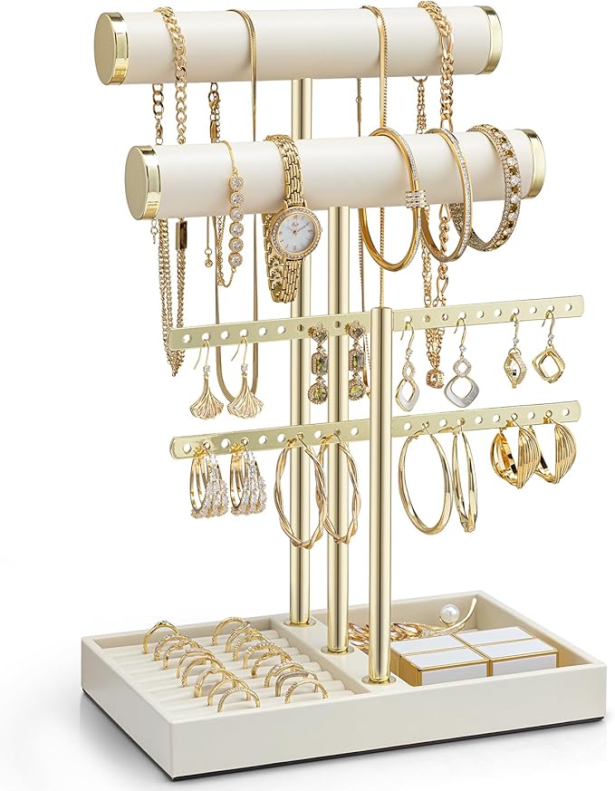 Vlando 3 Tier Necklace Holder Organizer with Tray, Leather Bracelet Holder Display for Women, Gold Jewelry Stand for Bracelet, Necklace, Earrings, Rings - Cloud White