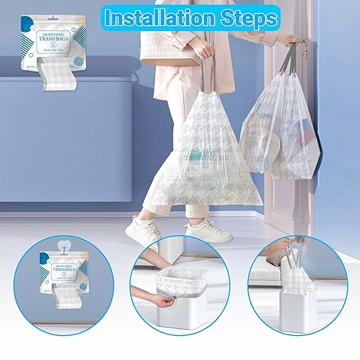 OKKEAI 2.6 Gallon Small Trash Bags White Drawstring Bathroom Garbage Bags – 90 Count Tear-Free, Heavy Duty Printed Liners, Leak-Proof White Trash Bag for Kitchen, Office, Multipurpose Use