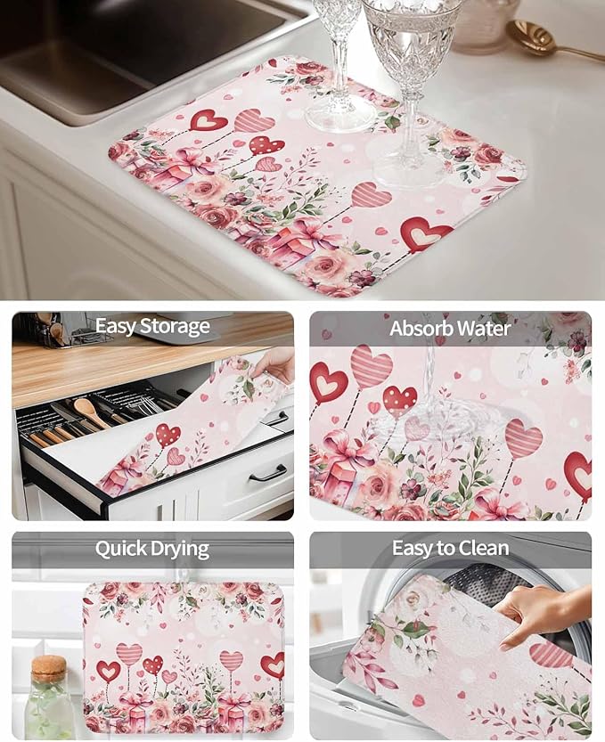 Valentine's Day Dish Drying Mat for Kitchen Counter Pink Love Heart Drying Pad Absorbent Drying Mats for Countertops Sinks Draining Racks Rose Gift Drainer Valentines Holiday Decorations 16x18 Inch