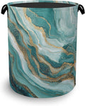 Blue Green Gold Marble Laundry Basket,Foldable with Handles Tote Bag Oxford Cloth for Bathroom Bedroom Dirty Clothes Storage Bucket 16" x 20.8"