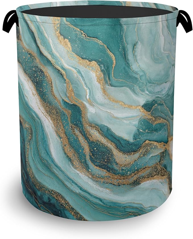Blue Green Gold Marble Laundry Basket,Foldable with Handles Tote Bag Oxford Cloth for Bathroom Bedroom Dirty Clothes Storage Bucket 16" x 20.8"