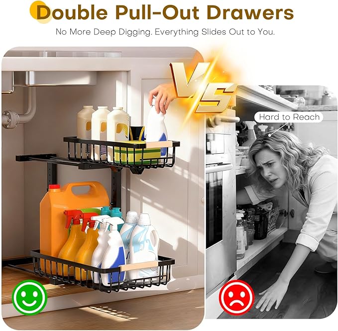 ZELOREA Under Sink Organizer, Heavy-Duty & Rust-Resistant Carbon Steel Metal, 2 Tier Pull Out Under Bathroom Sink Storage, Adjustable Height (13.8" -16.9"), Organizer for Kitchen Cabinet(2PCS,Black)