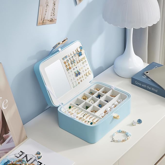 Lolalet 2 Layer Jewelry Box for Teen Girls & Young Women, Jewelry Organizer Case with Bow Clasp and Mirror for Earrings Rings Necklaces Storage, Gift Idea -Blue