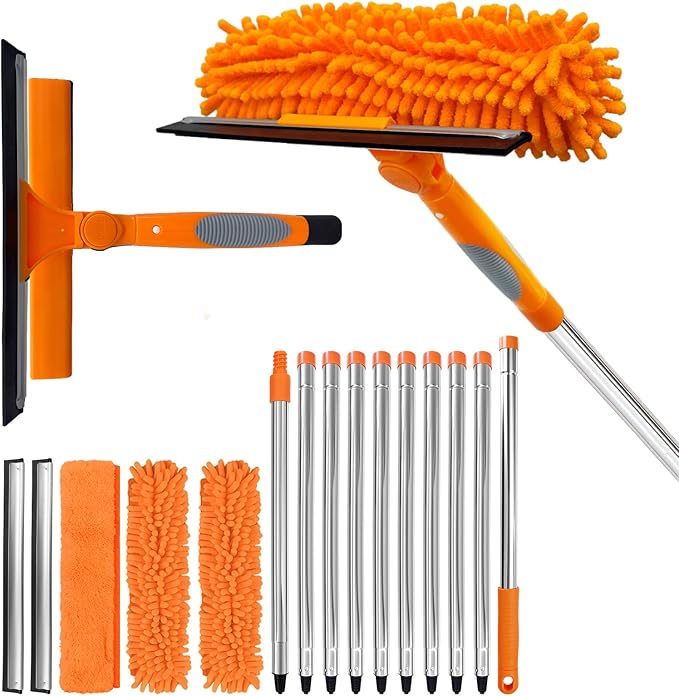 LILISPAI 152" Squeegee Window Cleaner 2 in 1 Rotatable Window Cleaning Tool Kit with Extension Pole, Window Washing Equipment with Bendable Head for Indoor/Outdoor Window and Car Glass