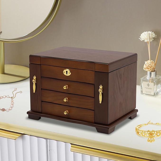 Jewelry Box,Wooden Jewelry Organizer,4 Layers Large Capacity Jewelry Holder Watches Necklace Ring Storage Box (Original Wood)