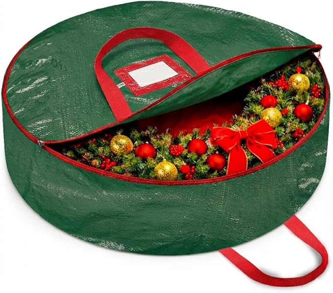 ZOBER Christmas Wreath Storage Container 24 Inch - Wreath Bag for Artificial Wreaths Box - Dual Zippered Wreaths Storage Bag with Strong Durable Handles - Green