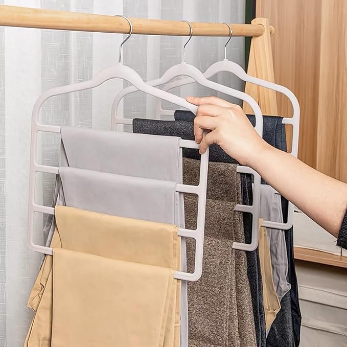 Velvet Pants Hangers Space Saving Hangers Closet Organizer for Jeans Slack Trousers Scarf Tie Pants Rack Leggings Hanger Non-Slip Hangers Multiple Clothes Holder (Grey, 3)