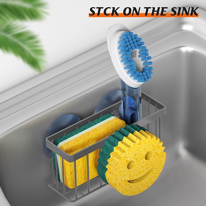 MURLONG Sponge Holder Smiley Face,Sink Caddy for Kitchen Sink,Sponge Holder with 2 PCS Suction Cups/1 PCS Adhesive Strips,Designed for Sponge,Soap,Dish Brush,Scrubber-Charcoal Gray