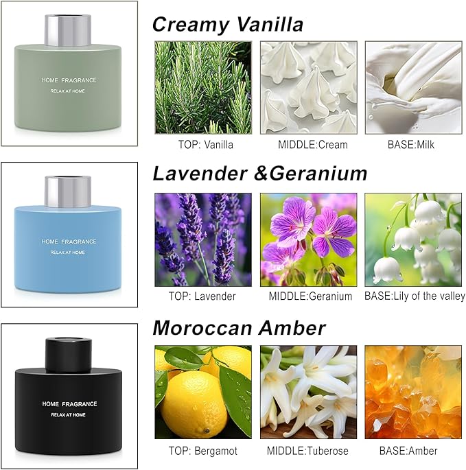 L'odeur Vill 3 Pcsk Reed Diffuser, 4.06 oz(120ml) Lavender/Vanilla/Moroccan Amber Scented Aromatherapy Diffuser with 12 Black Diffuser Sticks, Air Freshener for Home Bedroom Bathroom