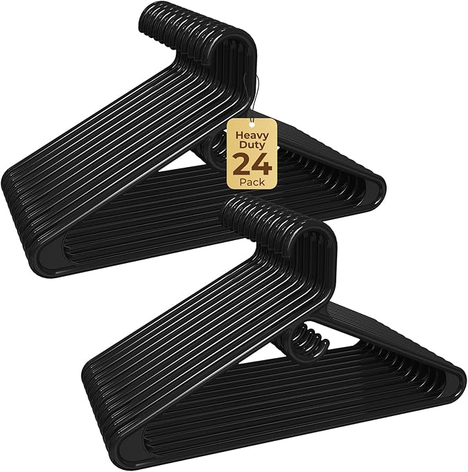 HOUSE DAY Quality Plastic Clothes Hangers 24 Pack – Super Heavy Duty 20lb Capacity Thick Strong Closet Hangers Black for Adult Clothing – Durable for Coats, Jackets, Jeans, Pants