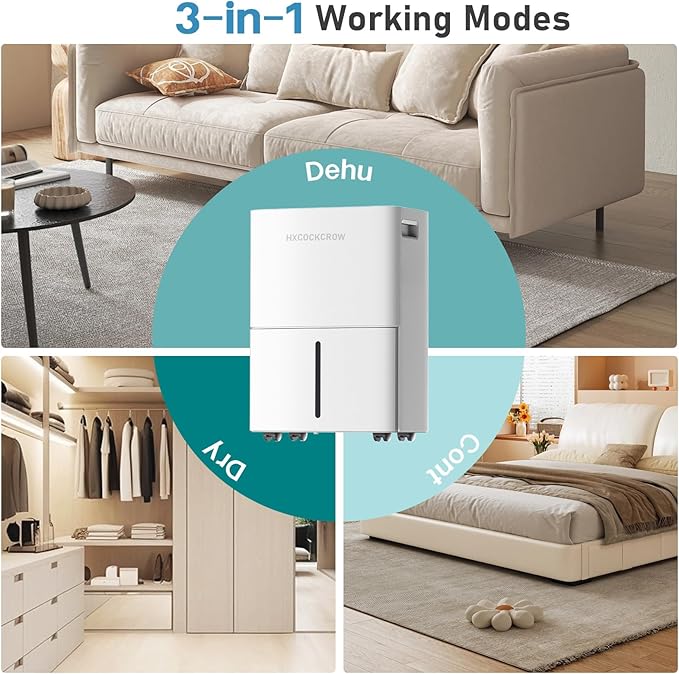 HXCOCKCROW Dehumidifier for Basement Home 1200 Sq. ft, 17 Pints Dehumidifiers with Drain Hose for Bedroom Bathroom Large Room RV, 3 Working Modes, Intelligent Humidity Control, 24H Timer, Auto Defrost