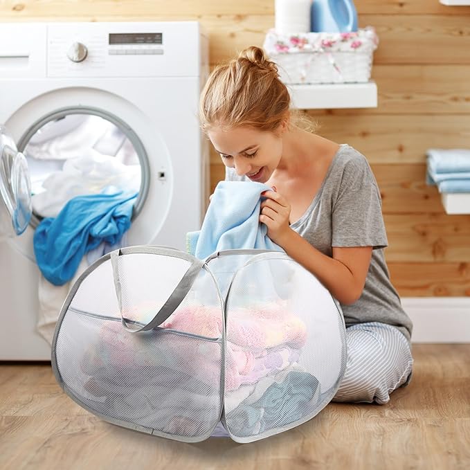 2 Pack Collapsible Laundry Baskets, 90L Large Foldable Laundry Basket, Durable Mesh Pop Up Hampers for Laundry, Dirty Clothes Laundry Hamper for Bedroom, Bathroom, Dorm, Laundry Room, Travel Grey