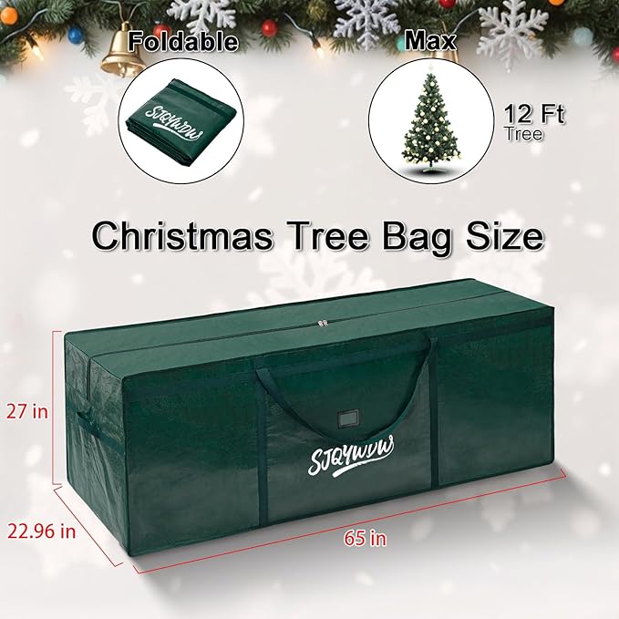 Extra Large Christmas Tree Storage Bag 12 ft, Heavy Duty with Built-in Zip Mesh Pockets & Reinforced Handles - Dual Zippers Wide Opening PE Storage Bag for Artificial Xmas Trees (Green)
