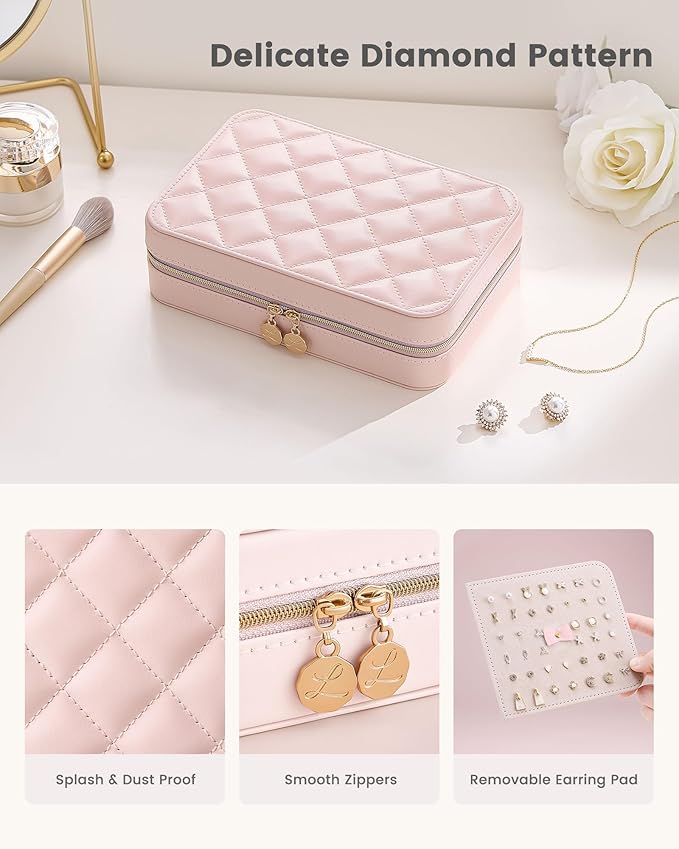Lolalet Travel Jewelry Case for Women Girls, Travel Jewelry Organizer with Clear Storage Bag Small Portable Jewelry Box for Necklace Bracelet Earring Ring Valentines Bridesmaid Gifts -Large/Pink