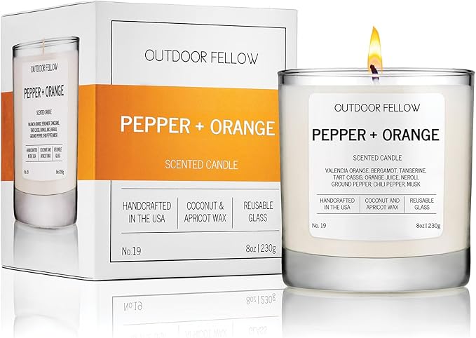 Outdoor Fellow Pepper + Orange Candle, 8oz, Coconut & Apricot Wax Blend, Bergamot, Neroli, Chili Pepper, 40+ Hour Burn Time, Citrus Scented Candle, Vibrant Home Fragrance
