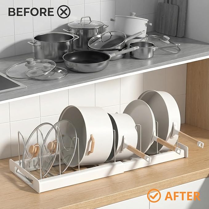 Beruyu Expandable Pot and Pan Organizer Rack for Cabinet, Pot Lid Organizer Holder with 7 Stainless Steel Adjustable Dividers for Kitchen Cabinet Organizer and Storage (White)