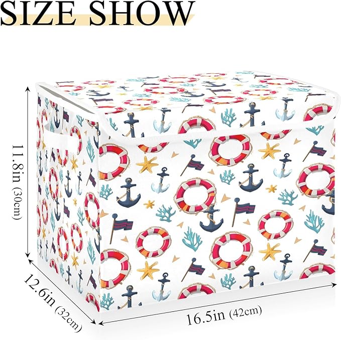 Bolaz Storage Bins with Lids and Handles,Flag Coral Starfish Anchor Life Buoy Pattern Storage Box Basket with Cover Collapsible Organizer Containers for Home Closet, Shelves