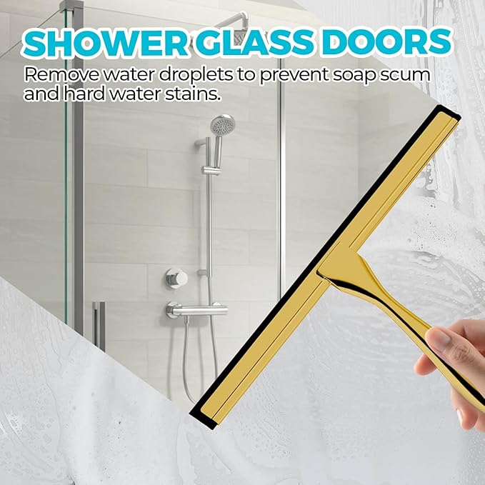 ALFLOD 2PACK 10-Inch Golden All-Purpose Shower Squeegee for Shower Doors, Bath Linen Sets, Tile Shower Walls, Bathroom, Window, Glass and Car Windshield, Mirrors and Kitchen-Stainless Steel