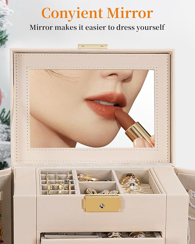 TORIBIO Large Jewelry Box for Women, Leather Jewelry Organizer with Mirror & Lock, 6-Tier Jewelry Storage Case for Girls/Women/Mothers, Necklace Earring Bracelets Holder Organizer