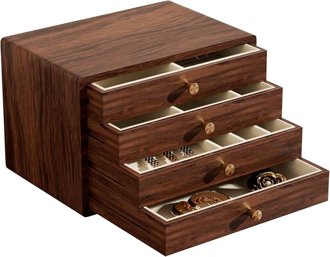 GENUINED Black Walnut Wooden Jewelry Box, Gifts for Women, Large High End Wood Jewelry Organizer, Vintage Style for Watch Necklace Ring Earring Storage(4 Layer)