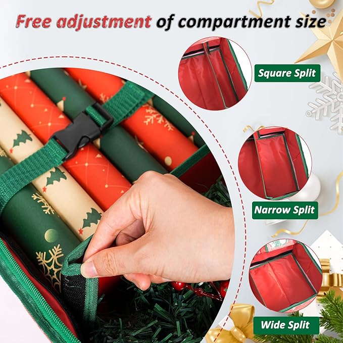 42'' Christmas Wrapping Paper Storage Organizer 600D Oxford Fabric Xmas Accessories Containers Bag Durable Fabric, Accessory Pockets for Ribbons, Gift Wrap Storage Bin（Red）