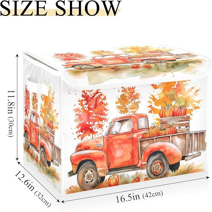 senya Thanksgiving Baskets Collapsible Storage Bins with Lids, Orange Truck Fall Harvest Storage Boxes Clothes Baskets for Organizing, B06D22020