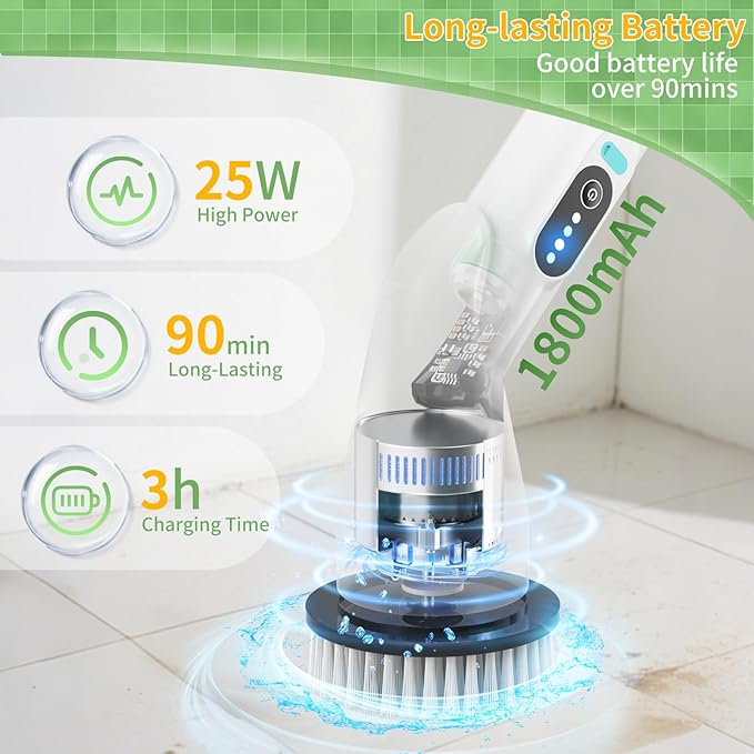 Electric Spin Scrubber - Household Cleaning Brush with 8 Heads, 51.2in Extendable Pole Bathroom Scrubber for Stubborn Grease on Grill, Stovetop & Bathtub, 90Min Runtime - Type B