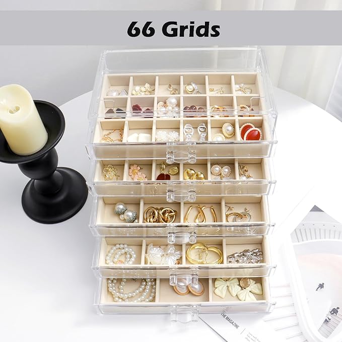 Jewelry Organizer with 5 Drawers Clear Acrylic Earring Display Case Velvet Jewelry Storage Box Display Holder for Earring Ring Bracelet Necklace (Beige, 66 Grids)