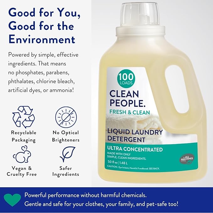 The Clean People Liquid Laundry Detergent - Recyclable Packaging, Stain Fighting - Ultra Concentrated, Laundry Soap - Fresh Scent, 200 Loads