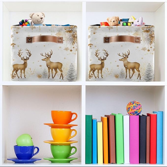 ALAZA Golden Reindeer Deer Merry Christmas Foldable Storage Box Storage Basket Organizer Bins with Handles for Shelf Closet Living Room Bedroom Home Office 1 Pack