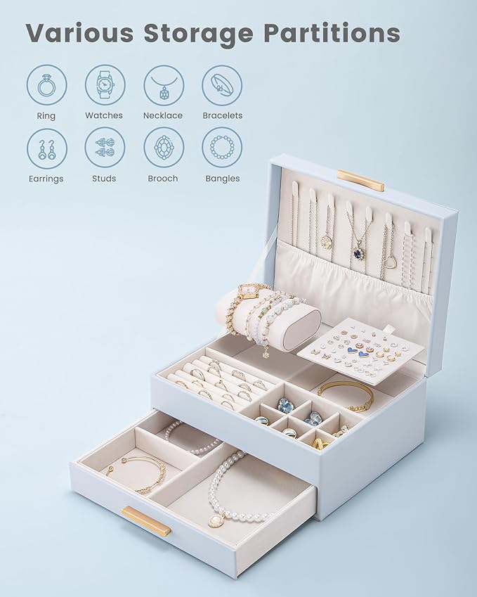 Lolalet 2-Layer Jewelry Boxes Organizer for Women Girls, Jewelry Storage Case Holder with Drawers for Necklaces Rings Earrings Bracelets Watches, Gifts Choice for Girlfriend Wife -Blue
