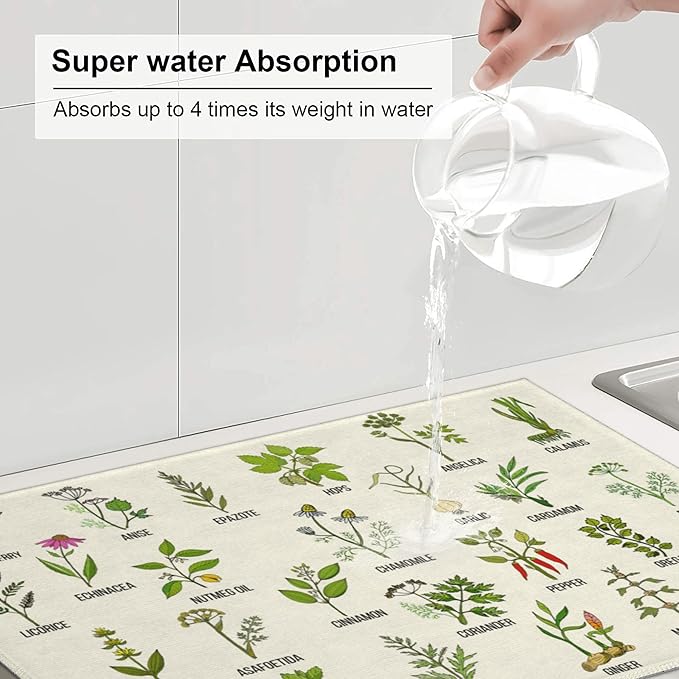 Cute Herbs Botanic Garden Plants Dish Drying Mat for Kitchen Counter Modern Drying Pad 18x24 Inch Absorbent Reversible Dish Drainer Rack Mats