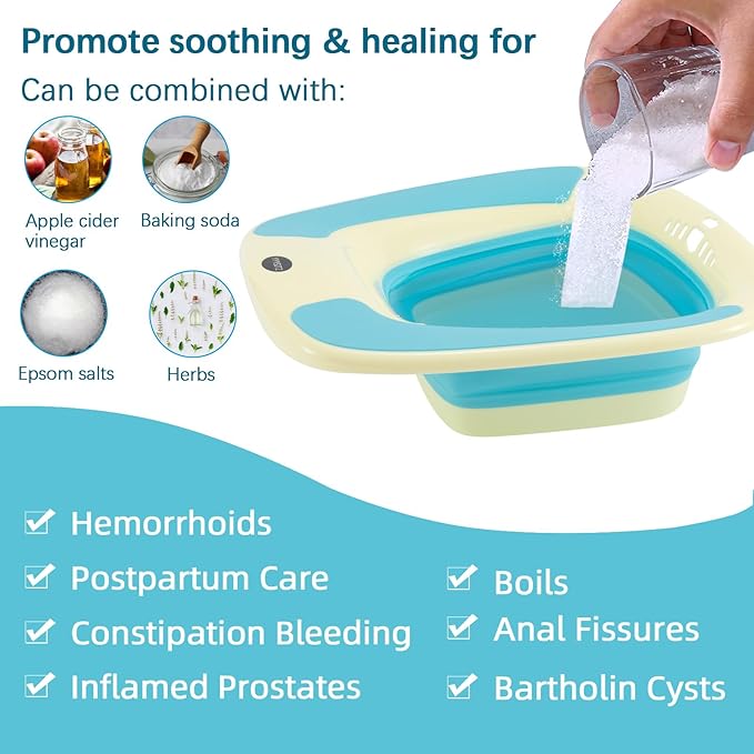Sitz Bath, Foldable Sitz Bath for Hemorrhoids, Sitz Bath for Toilet Seat, Sitz Bath for Postpartum Care, Sits Bath Tub for Women Men Adults, Sitz Bath Soak Salts Basin, Hip Bath Bowl, Blue