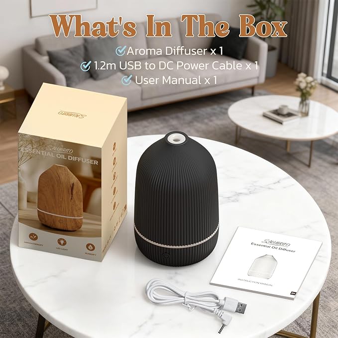Essential Oil Diffuser, 100ml Aromatherapy Diffuser, Mini Ultrasonic Diffuser for Essential Oil, Home, Office, Cool Mist Humidifier with 7 Led Light, Auto Shut-Off, Black