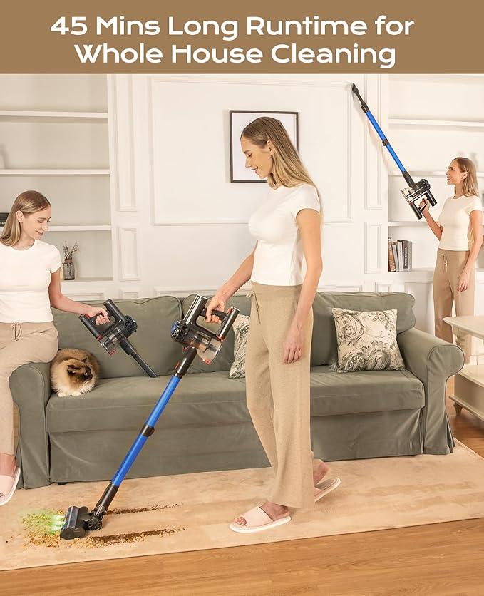 SVHT Cordless Vacuum Cleaner, 450W 40KPA Vacuum Cleaners for Home, 45Mins Lightweight Stick Vacuum with Advanced Green Light Tech, Rechargeable Battery Vacuum for Carpet,Pet Hair,Hardwood Floor