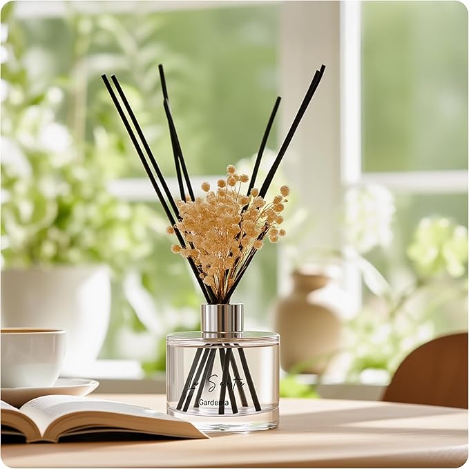Reed Diffuser Set (6.7fl oz), Natural Gardenia Essential Oil Fragrance with Glass Bottle, Black Rattan Sticks & Preserved Flowers, Up to 120 Days Lasting Fragrance for Home & Office