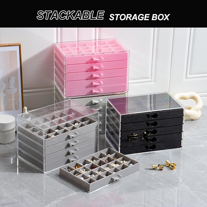 Earring Storage Box Organizer, Acrylic Jewelry Storage Box Holder 5 Drawers Transparent Jewelry Display Stand with 120 Small Compartments Gift Boxes for Women Girls (Gray)