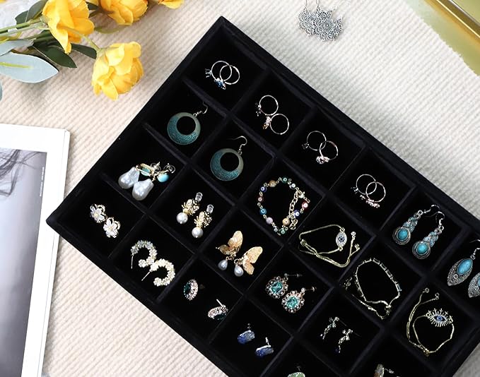 Wudygirl Jewelry Organizer Set of 4 Jewelry Tray with Lid Velvet Jewelry Box Jewelry Storage for Earring Necklace Ring Display Bracelet Holder Stackable (Black)