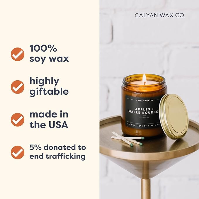 Calyan Wax Co. Home & Holiday Scented Candle - 57 Hour Burn - Luxury Non Toxic Soy Wax Candles - Long Lasting Amber Glass Jar Candle for Home - 7.2oz