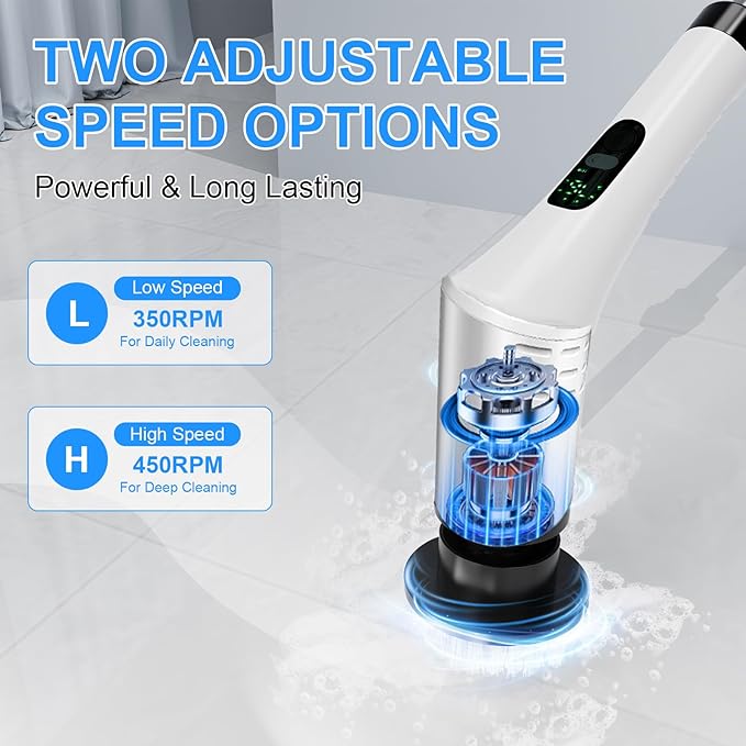 CVRUAY Electric Spin Scrubber, Cordless Shower Cleaning Scrubber with 9 Brush Heads, 2 Speed with Adjustable Extension Handle, Waterproof Bathroom Scrubber with LCD Display for Bathtub Kitchen Wall