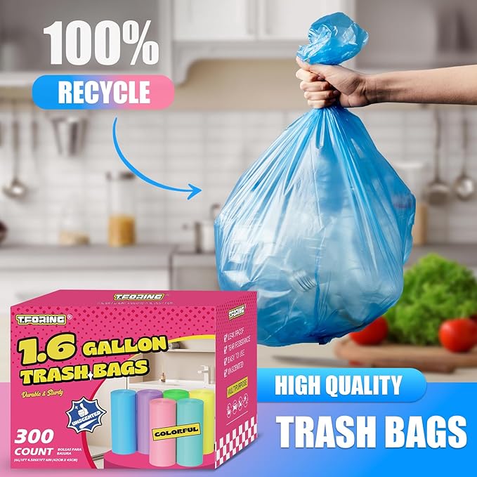 T.FORING 300 Count 1.6 Gallon Mini Trash Bags - 6 Liter Colored Small Garbage Bags Unscented Mini Can Liners Leakproof & Tear Resistant for Bathroom Office Dorm Car
