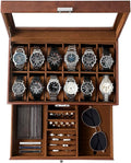 GUKA Watch Box, 12 Slot Watch Case, Watch Cases for men with Real Glass Lid, Synthetic Leather Watch Organizer storage with Jewelry Case, Birthday for Men and Women, Brown