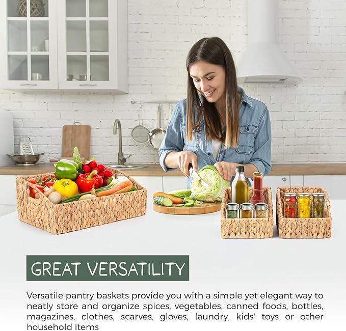 Set of 3 Handwoven Water Hyacinth Storage Baskets – Decorative Natural Wicker Organizer Bins with Built-in Handles for Bathroom, Kitchen, Pantry, Nursery, Closet, Laundry, Living Room, and Home Use