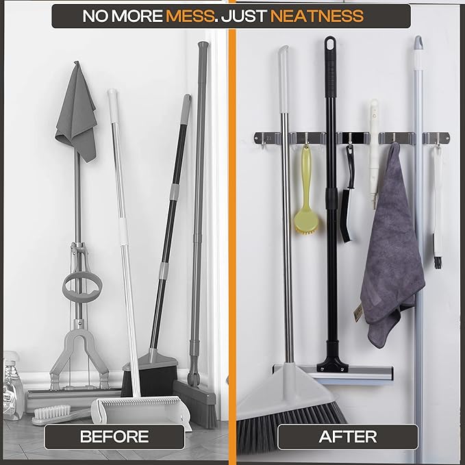 Heavy-Duty Stainless-Steel Broom Holder Wall Mount with 4 Racks and 5 Hooks | Rust Resistant Mop and Broom Hanger | Adjustable, Garage & Garden Tool Organizer | Silver Color