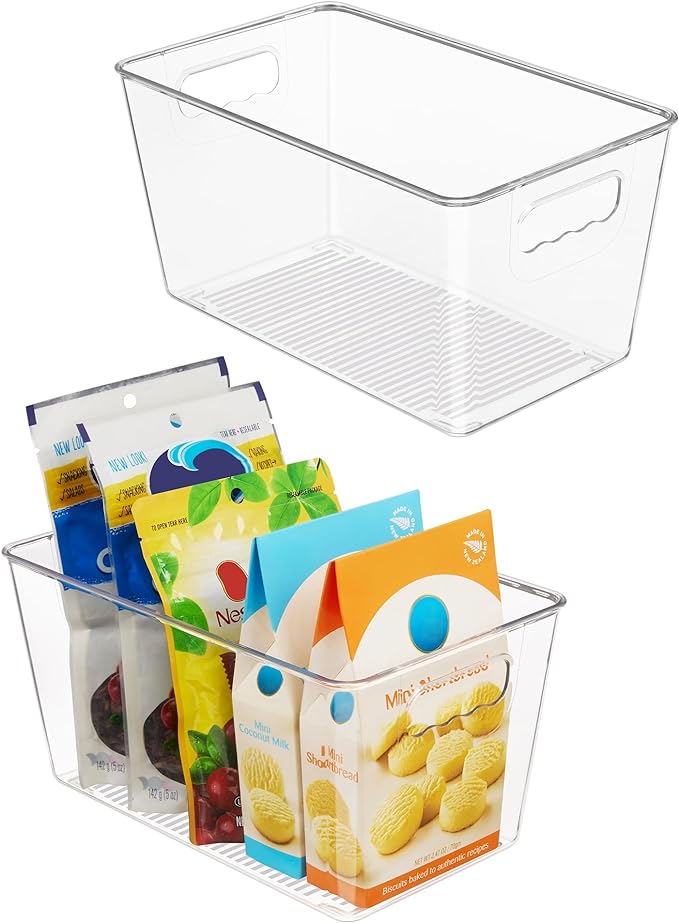 Vtopmart Clear Plastic Storage Bins, 2 PCS Pantry Organizer Bins with Handle for Refrigerator, Fridge, Cabinet, Kitchen, Countertops, Cupboard, Freezer Organization and Storage, Medium