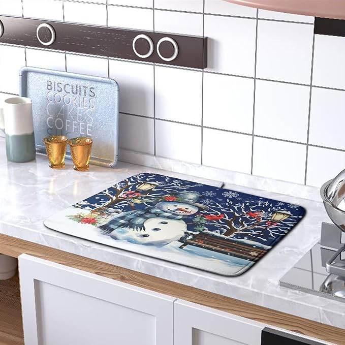 Kwlegh Winter Snowman Dish Drying Mat for Kitchen Counter 18x24, Xmas Snowflakes Dish Drainer Mat Snowy Night Drying Kitchen Mats Cardinal Birld Dish Pad Absorbent Reversible Coffee Mats for Dishes