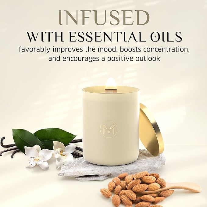MyrrhUSA Vanilla Almond Scented Candle – 15 oz Natural Soy Wax with Crackling Wooden Wick & Essential Oil | 80 Hour Burn | Luxury Aromatherapy Candle for Relaxation, Home Décor, Living Room & Bathroom