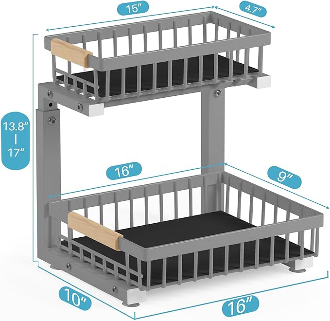 Jusdyrack 1 Packs 2 Tier Grey Under Sink Organizer,Under Sink Organizers and Storage, Slide Out Pull Out Cabinet Organizer Shelf, Metal Sliding Drawer for Kitchen Bathroom Cabinet Organization Rack