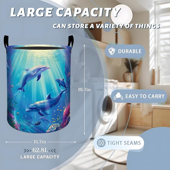 Cute Dolphin Coral Reef Fishes Laundry Basket with Handles, 19.7"x15.7" Clothes Foldable Laundry Hamper Organizer for Dorm Nursery Bedroom Bathroom Decor, Toy Storage Bin for Kids